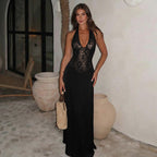 Damen Elegantes Maxikleid mit tiefem V-Ausschnitt und Spitzeneinsatz R&B