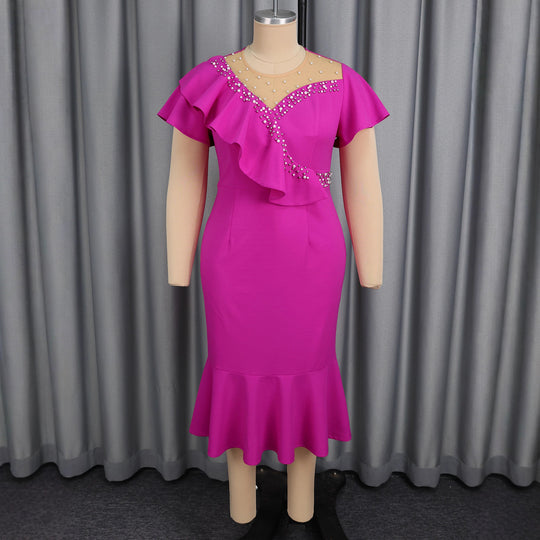 Damen figurbetontes Abendkleid mit asymmetrischem Rüschendetail und elegantem Wasserfallausschnitt R&B