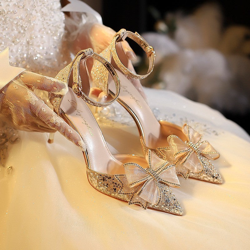 Damen elegante High-Heels mit funkelndem Strass und Schleifenakzent R&B