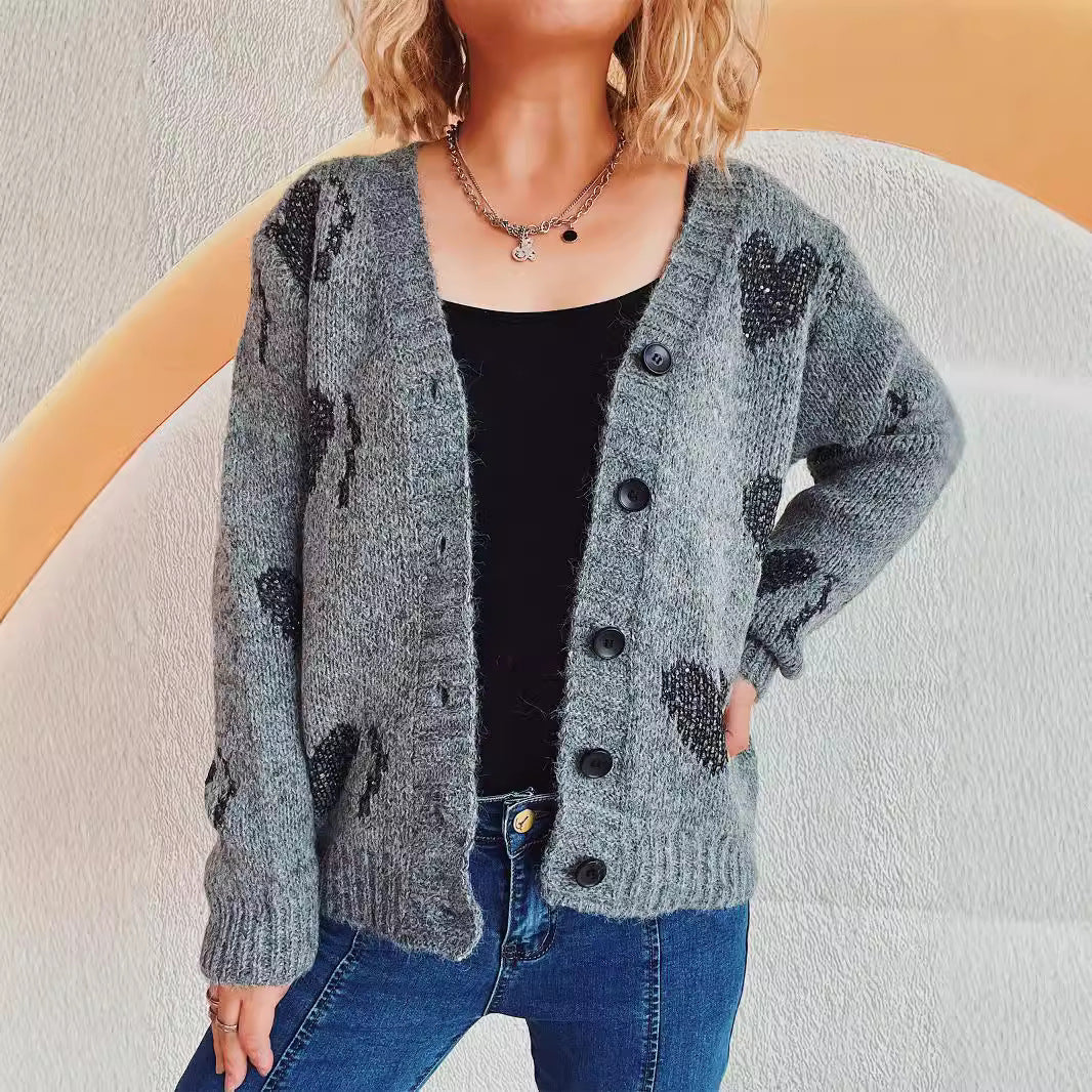 Damen gestrickte Cardigan mit Herzmuster und Knopfdetails R&B