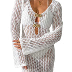 Damen Häkel-Strandkleid mit tiefem V-Ausschnitt und eleganten Knöpfen R&B