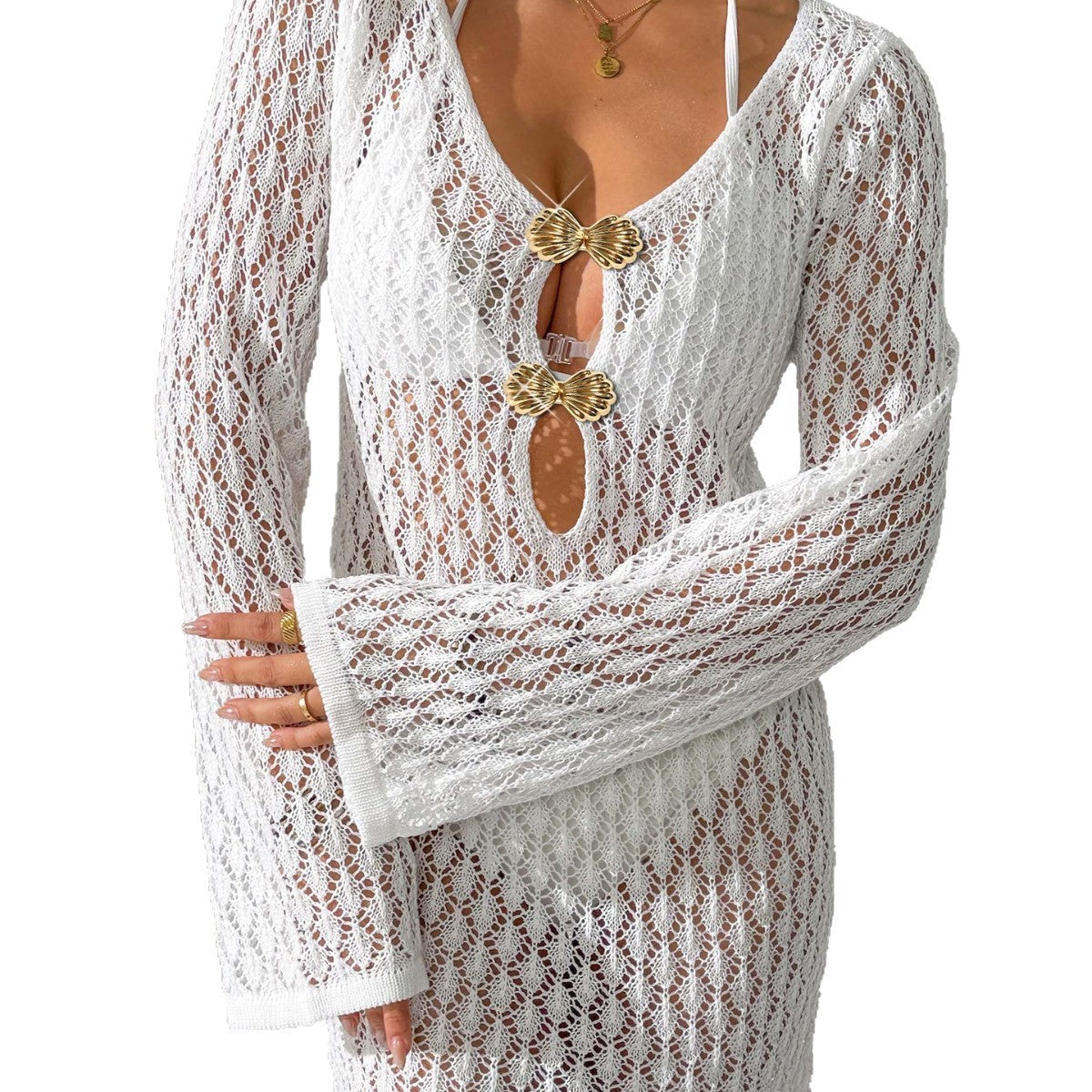 Damen Häkel-Strandkleid mit tiefem V-Ausschnitt und eleganten Knöpfen R&B