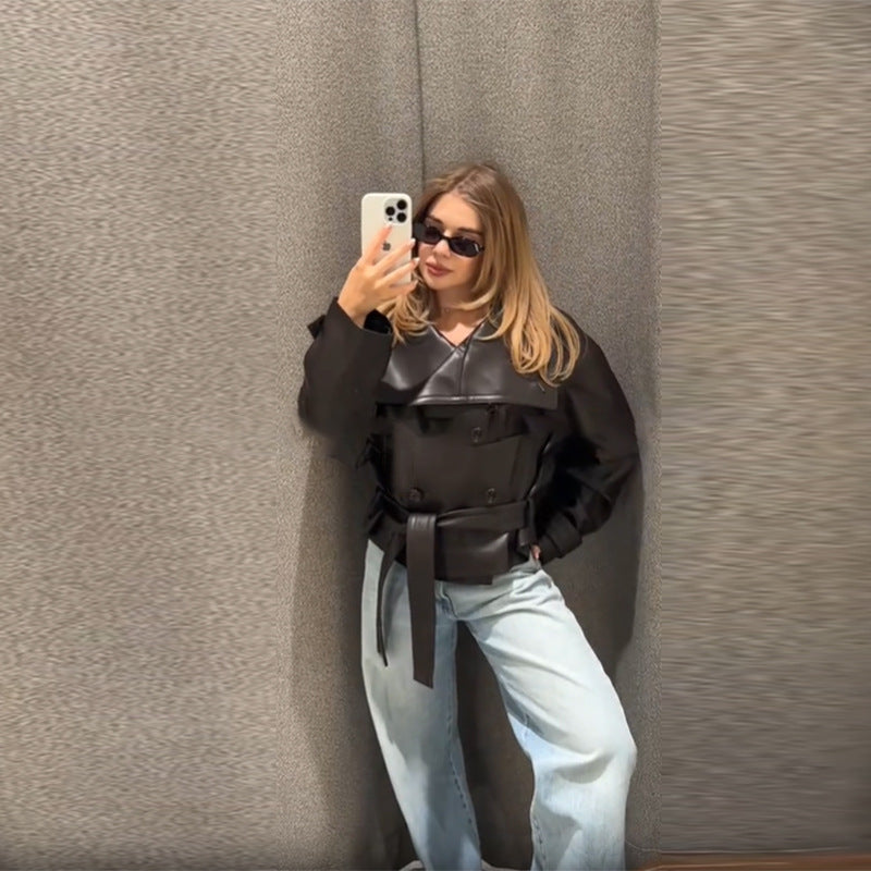 Damen Modische Cropped jacke mit doppelter Knopfleiste und breitem Kragen R&B