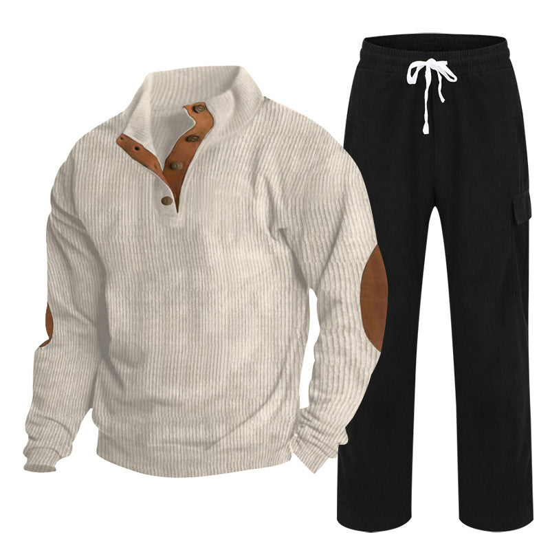 Herren nan Strick-Freizeitset mit Knopfleiste und Ellenbogenaufnähern sowie Cord-Cargohose R&B