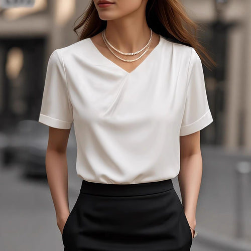 Damen Elegantes V-Ausschnitt Blusenshirt mit kurzärmeligen Design R&B