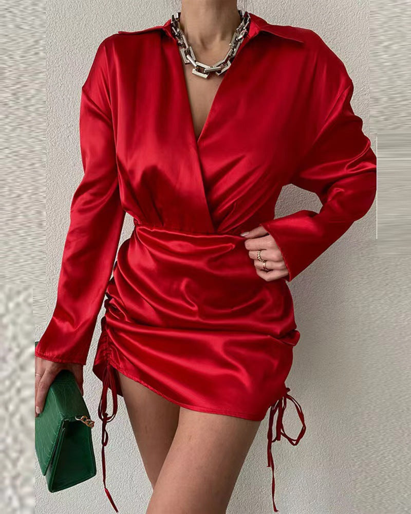 Damen Elegantes Wickelkleid mit langem Arm und verstellbarem Saum R&B