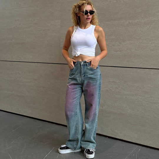 Damen Wide-Leg Jeans mit farbverlaufendem Design und hohem Bund R&B