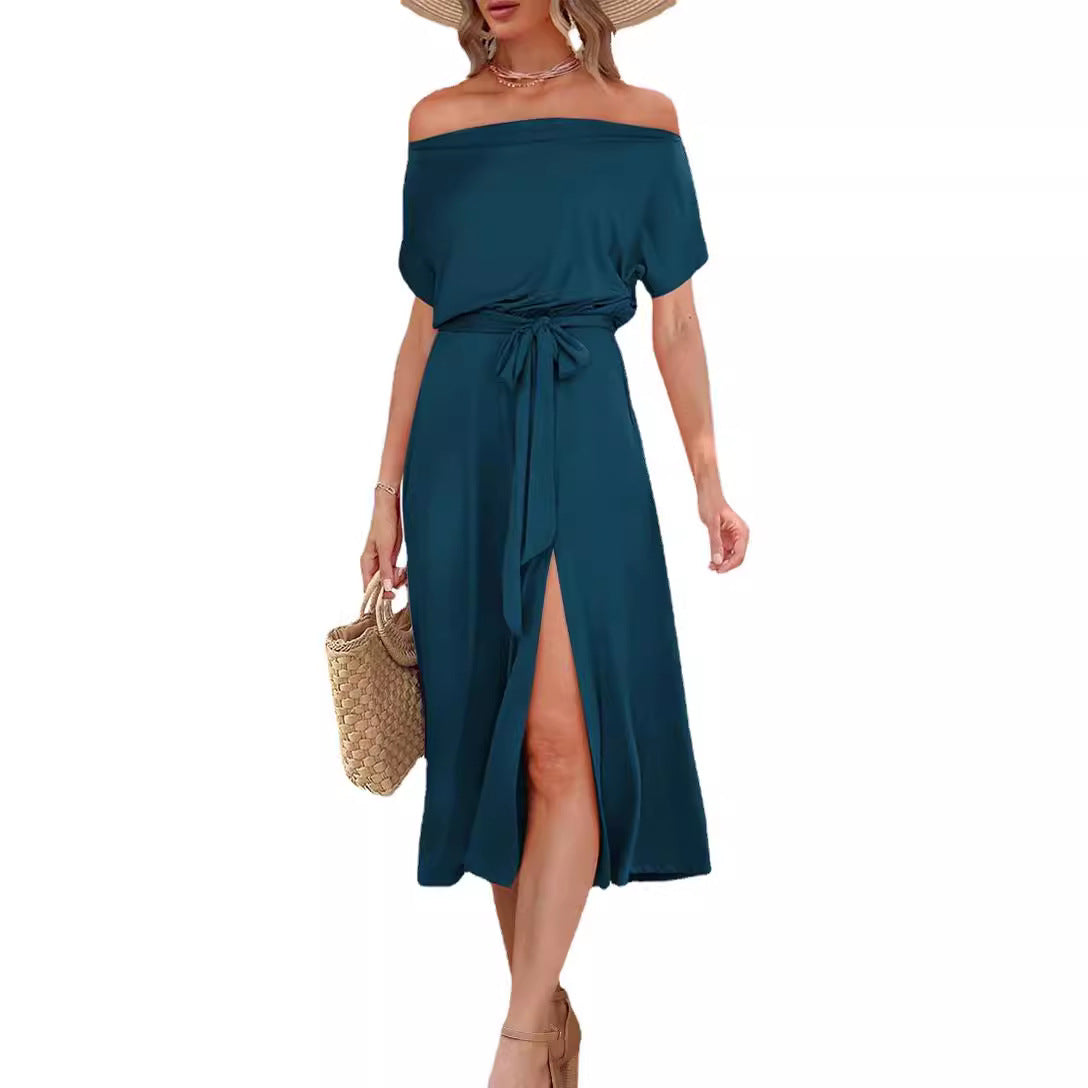 Damen Off-Shoulder Maxikleid mit Taillengürtel und seitlichem Schlitz R&B