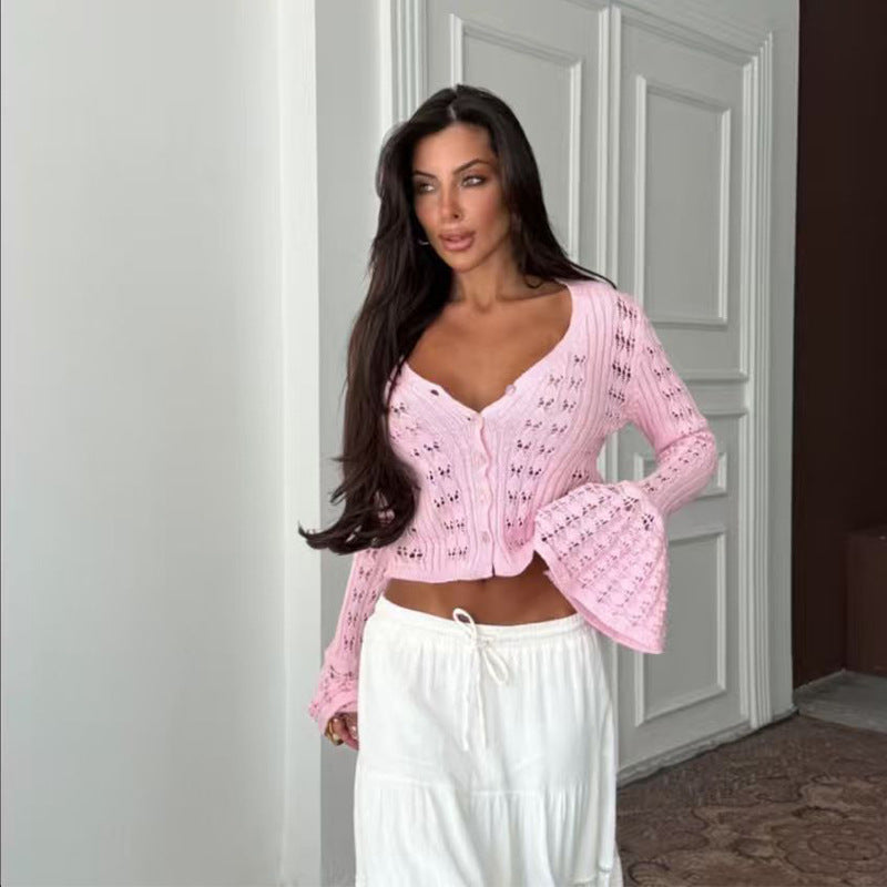 Damen Stylische Strickjacke mit V-Ausschnitt und Schlagärmeln R&B