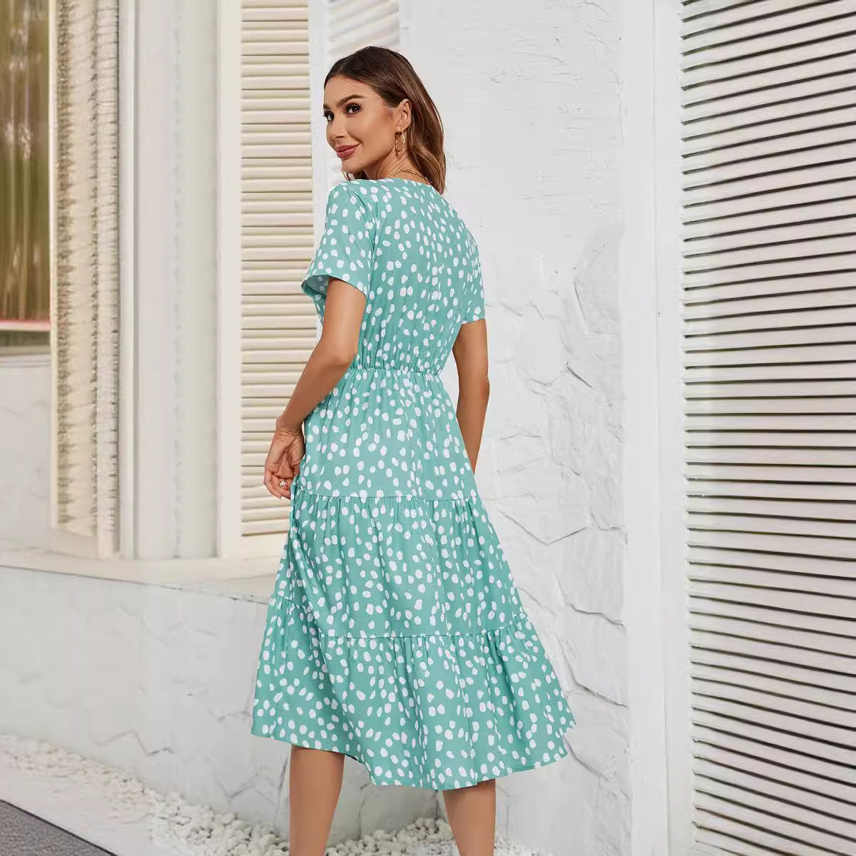 Damen Midi-Kleid mit Flügelärmeln und Knopfleiste R&B