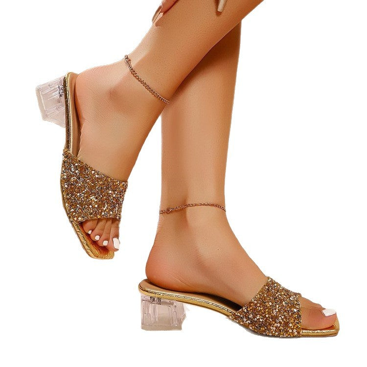 Damen Glamouröse Glitzersandalen mit transparentem Blockabsatz R&B