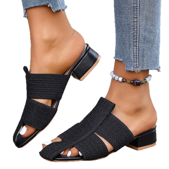 Damen offene Mules mit Blockabsatz und verzierten Riemen R&B