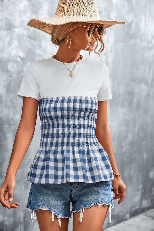 Damen Peplum-Oberteil mit kariertem Stoff und elastischer Taillierung R&B