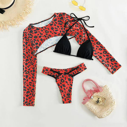 Damen Bikini-Set mit langärmligem Oberteil und modernem Animal-Print R&B