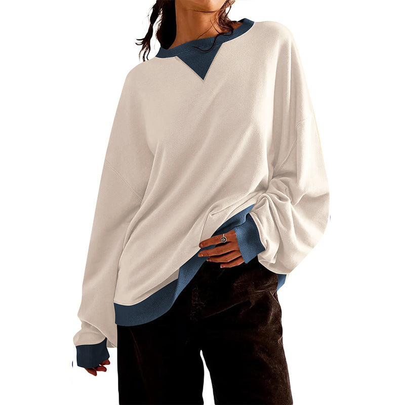 Damen lässiges Sweatshirt mit V-Ausschnitt und Kontrastbündchen R&B
