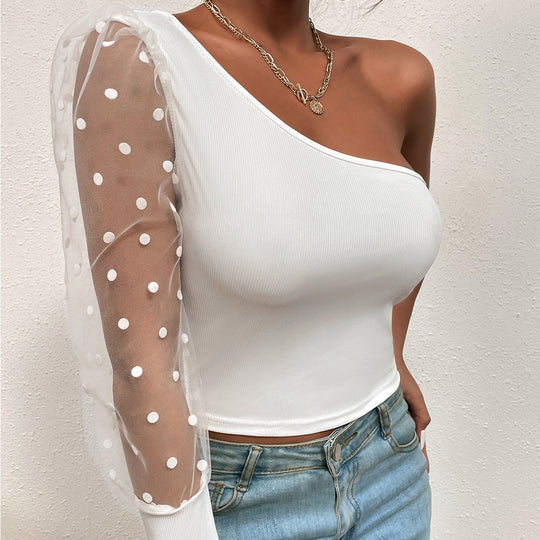 Damen elegantes Oberteil mit asymmetrischem Schnitt und transparenten Puffärmeln R&B
