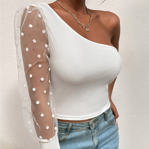 Damen elegantes Oberteil mit asymmetrischem Schnitt und transparenten Puffärmeln R&B