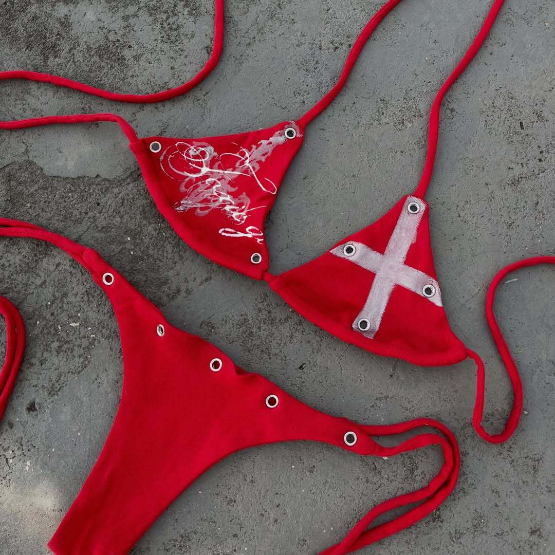 Damen Bunt bedruckter Bikini mit verstellbaren Schnürungen und dekorativen Ösen R&B