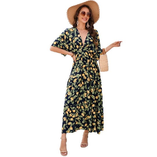 Damen Maxikleid mit elegantem V-Ausschnitt und floralen Design R&B