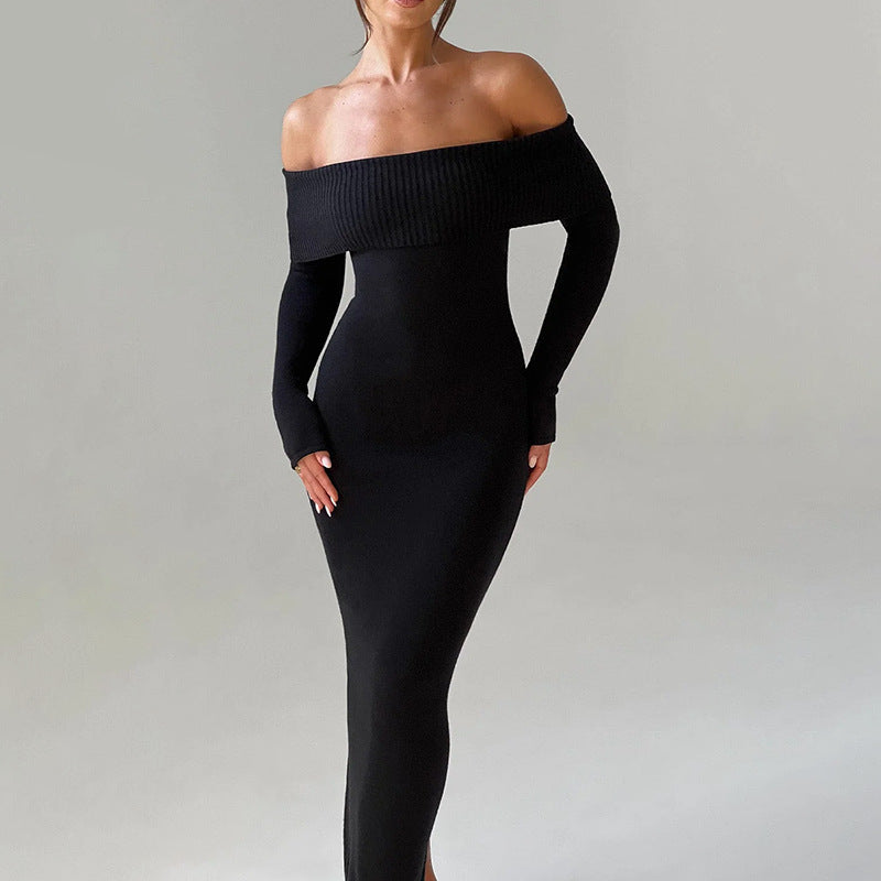Damen schulterfreies Maxikleid mit langem Arm und elegantem Schnitt R&B