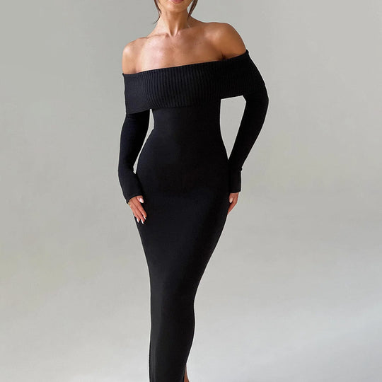 Damen schulterfreies Maxikleid mit langem Arm und elegantem Schnitt R&B