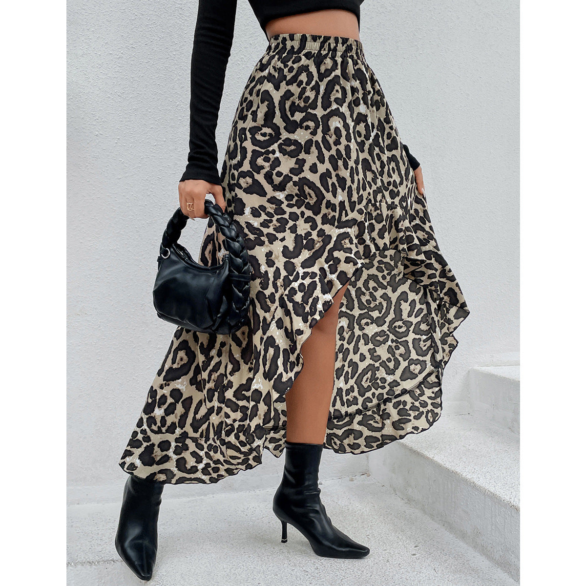 Damen Asymmetrischer Maxi-Rock mit aufregendem Leopardenmuster und Rüschendetails R&B