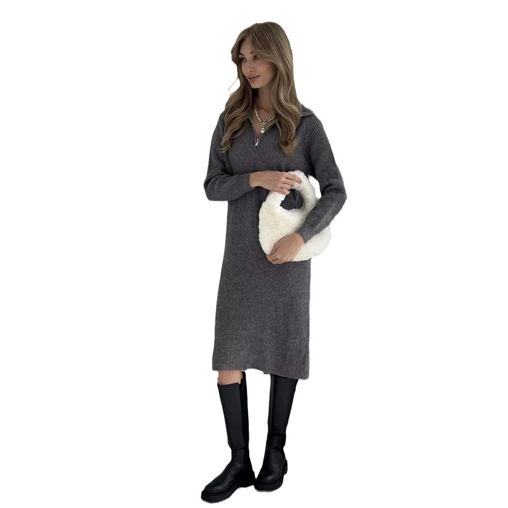Damen Strickkleid mit Stehkragen und durchgehendem Reißverschluss R&B