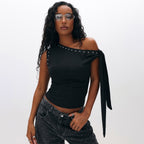 Damen Elegantes One-Shoulder Top mit dekorativen Steinen R&B