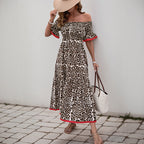 Damen Off-Shoulder Maxikleid mit tierischem Muster und Rüschendetails R&B