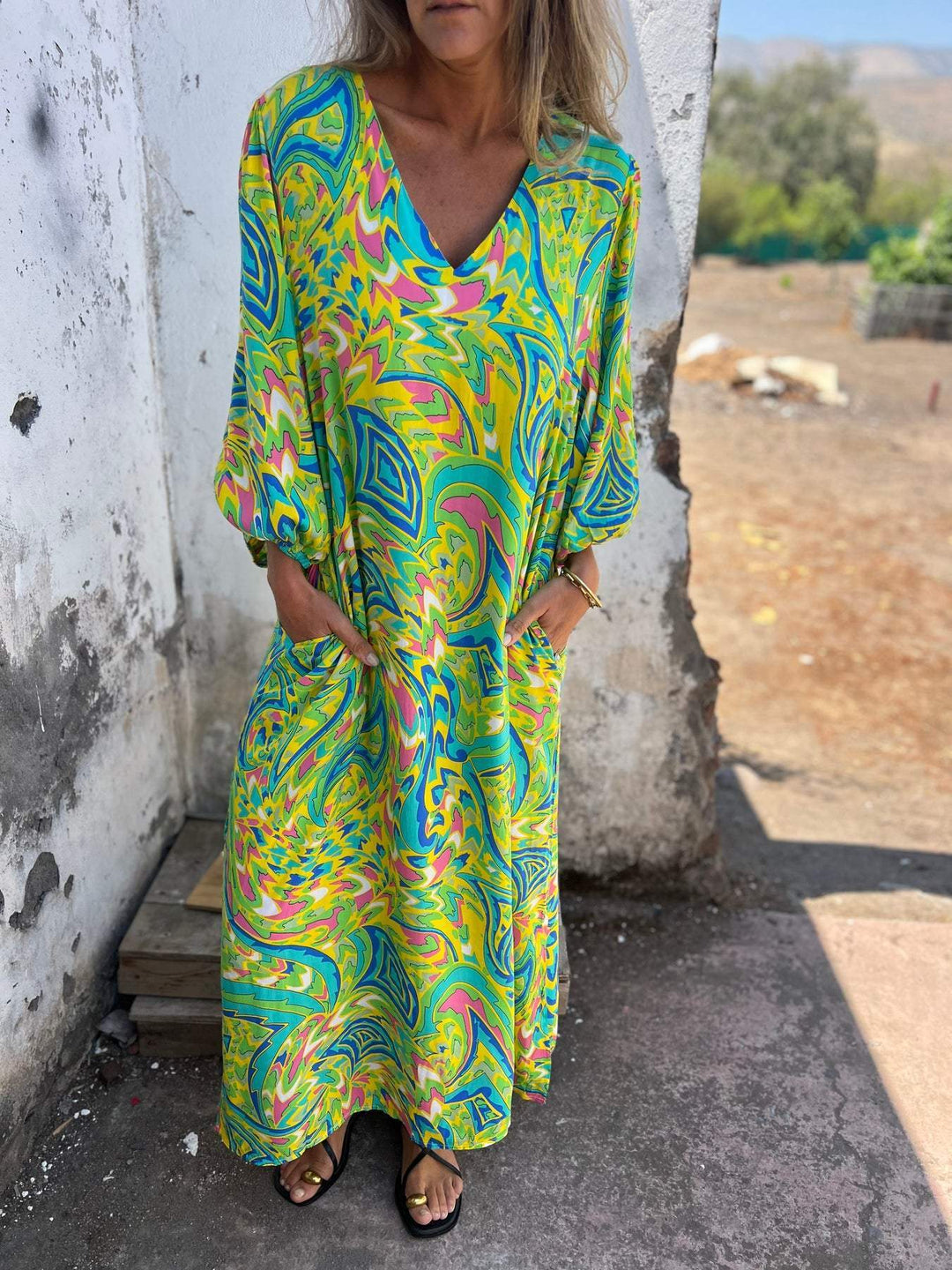 Damen Langarmkleid mit V-Ausschnitt und praktischen Taschen R&B