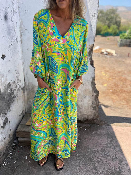 Damen Langarmkleid mit V-Ausschnitt und praktischen Taschen R&B