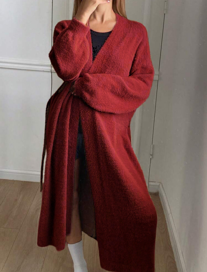 Damen Langer, flauschiger Cardigan mit Bindegürtel und V-Ausschnitt R&B