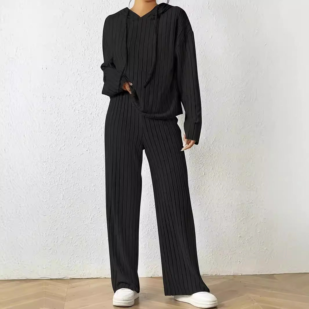 Damen lässiges Strickset mit weichem Hoodie und weiten Hosen R&B