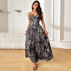 Damen Maxikleid mit tiefem V-Ausschnitt und elegantem Leopardenmuster R&B