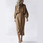 Damen Langarm-Hemdblusenkleid mit eleganten Puffärmeln