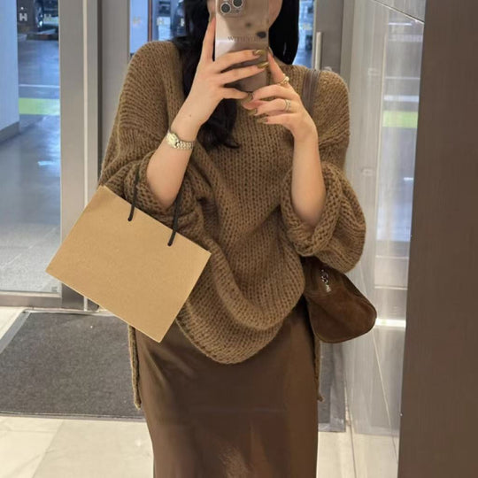 R&B | Übergröße Pullover Grobstrick Off Shoulder Langarm Freizeitfit