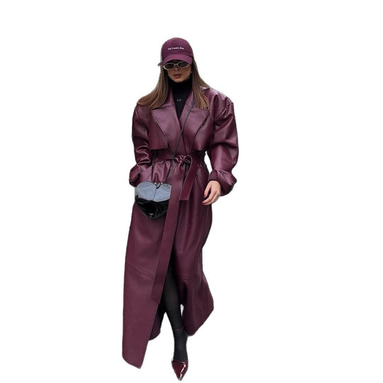 Damen elegante Kunstlederjacke mit voluminösen Ärmeln und Taillengürtel R&B
