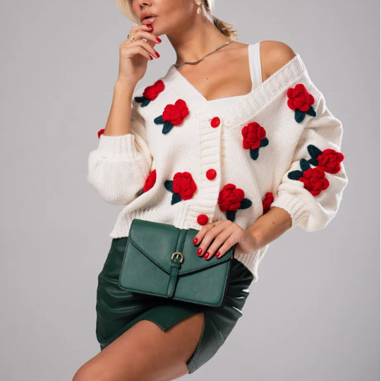 Damen Kuscheliger Strickcardigan mit floralen Applikationen und oversized Schnitt R&B