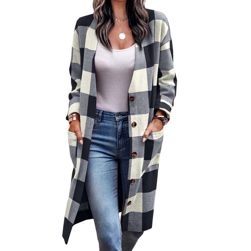 Damen Langarmcardigan mit modernem Karomuster und praktischen Taschen R&B