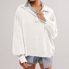 Damen Oversize Pullover mit Kragen und Druckknöpfen