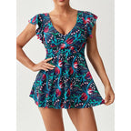 Damen Einteiler Badeanzug mit femininer Raffung und floralem Design R&B