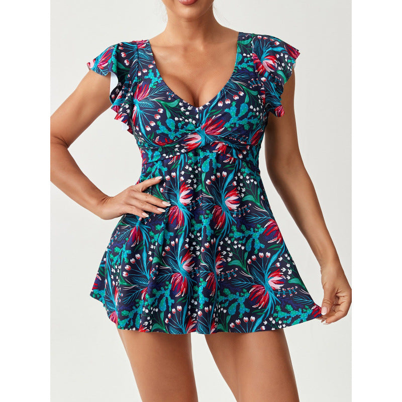 Damen Einteiler Badeanzug mit femininer Raffung und floralem Design R&B