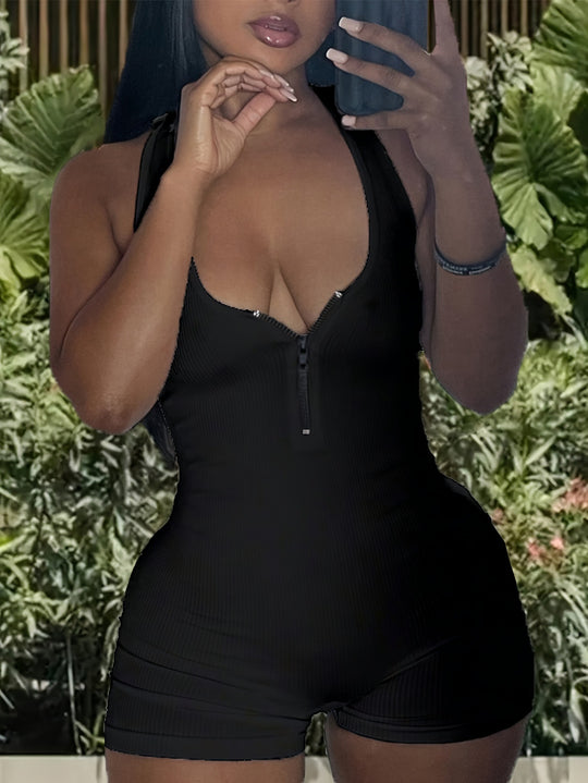 Damen Jumpsuit mit tiefem Ausschnitt und Reißverschluss R&B
