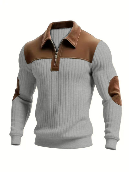 Herren nan gerippter Halbzip-Pullover mit kontrastierenden Lederapplikationen an Schultern und Ellenbogen R&B
