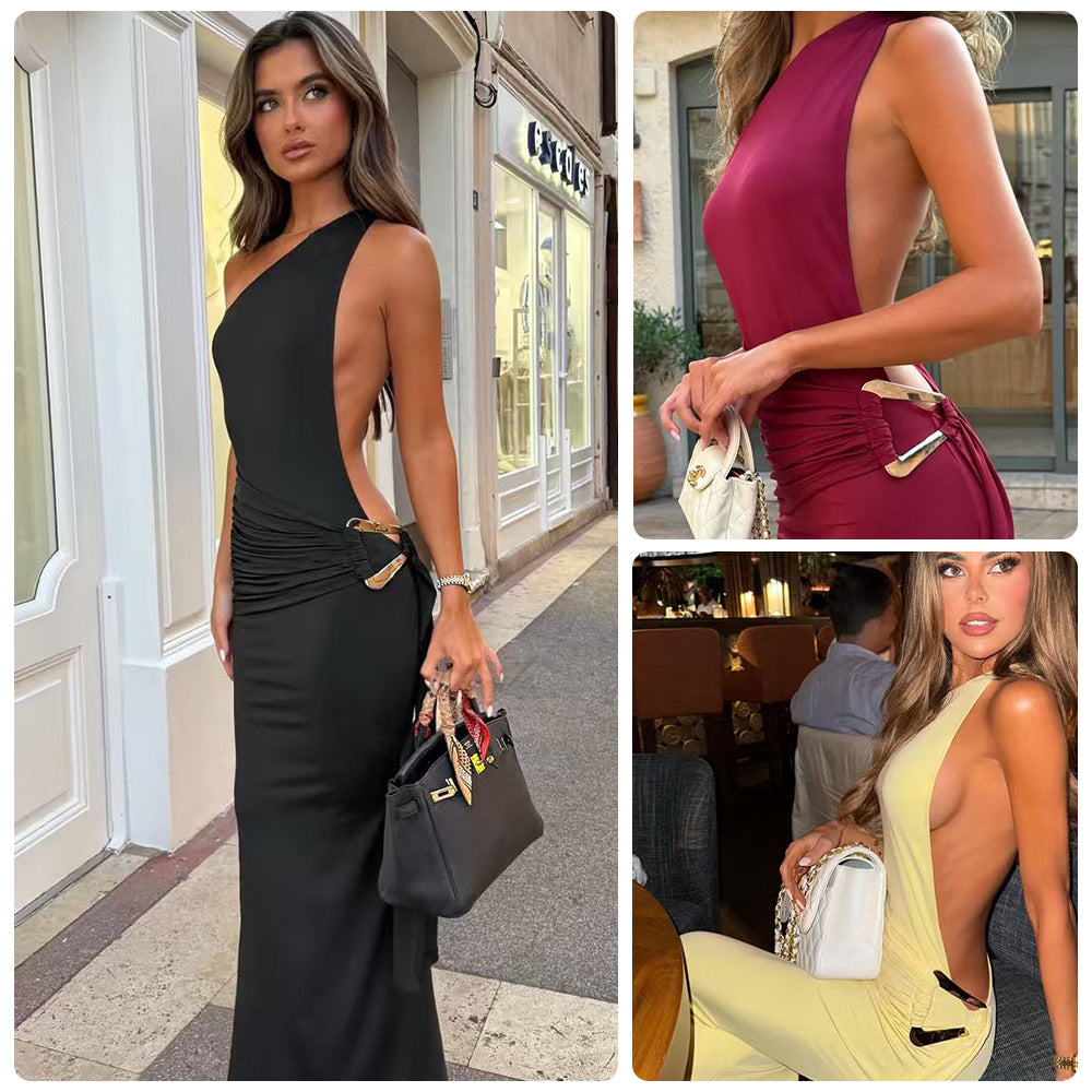 Damen Cut-Out Maxikleid mit elegantem Rückenausschnitt und seitlichen Drapierungen EB