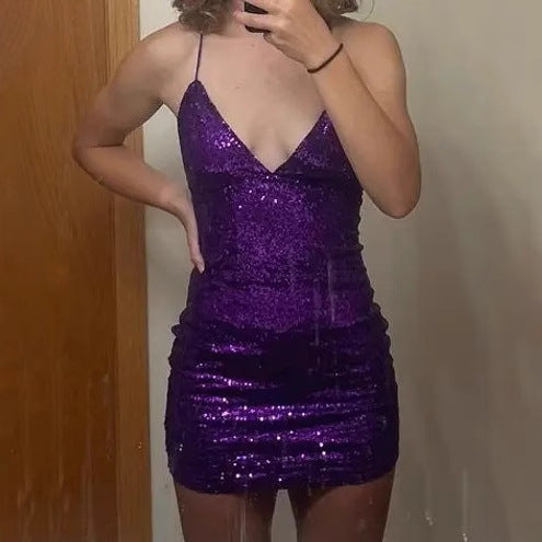 Damen Glitzerndes Minikleid mit tiefem V-Ausschnitt und Spaghettiträgern R&B
