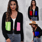 Damen Modische Strickjacke mit bunten Taschen und tiefem V-Ausschnitt R&B