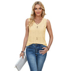 Damen ärmelloses Blusenshirt mit Knopfdetails und romantischem Lochmuster R&B