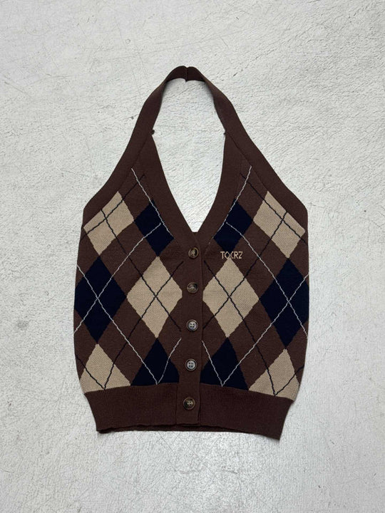 Damen ärmelloser Strickpullover im klassischen Karomuster R&B