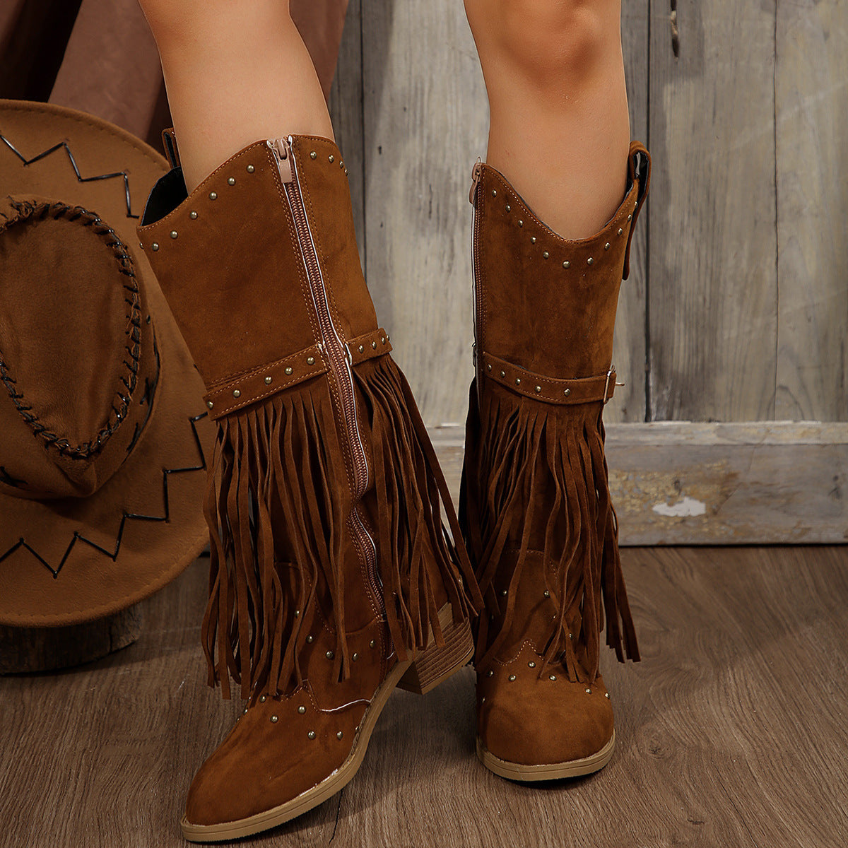 Damen Fransen-Stiefel mit Nietenverzierungen und Blockabsatz R&B